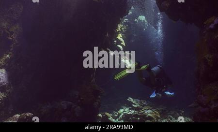 Sonnenschein durchdringt die Unterwasserkorallenhöhle und beleuchtet sie. Tropische Fische schwimmen in Korallenhöhlen in den Sonnenstrahlen, die von der Oberfläche durchdringen, Rot Stockfoto