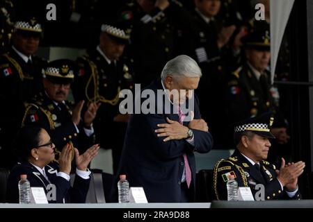 Nicht exklusiv: 30. Juni 2023, Mexiko-Stadt, Mexiko: Der Präsident Mexikos, Andres Manuel Lopez Obrador; der Minister für Sicherheit und Bürgerschutz Stockfoto