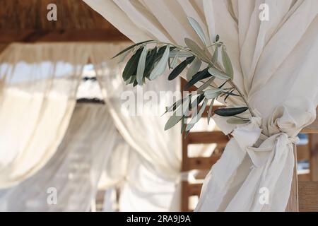 Nahaufnahme eines grünen Olivenbaumzweigs, verschwommene Organza-Schleier. Weiße Stranddächer, Chuppah. Luxuriöse Strandzelte im Resort, Pavillon. Mediterraner Außenbereich Stockfoto