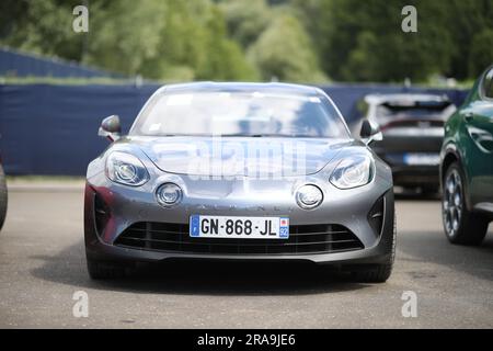 Alpine A110 GT Esteban Ocon auf dem Parkplatz während der Formel 2023 Rolex Grosser Preis von Osterreich, 2023. Österreichischer Grand Prix, 9. Runde der Formel-1-Weltmeisterschaft 2023 von 30. Juni bis 2. Juli 1 2023 auf dem Red Bull Ring in Spielberg, Österreich Stockfoto