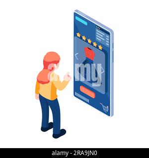 Flache 3D Isometrische Frau, die online auf dem Smartphone einkauft. Online-Shopping-Konzept. Stock Vektor