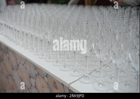 Champagnerflöten standen an der Eröffnung der 2023 RHS Chelsea Flower Show für die Massen in Schlange. Chelsea ist die renommierteste Blumen- und Gartenveranstaltung der Welt. Die sechstägige Show zieht etwa 168.000 Besucher an, darunter Mitglieder der königlichen Familie, und ist der Höhepunkt der Blumen- und Gartenveranstaltungen, die avantgardistische Schaugärten, modernes Design und handwerkliche Konzepte zeigen, ähnlich wie die London Fashion Week. Das Herz der Show ist der 12,000 m2 große große große Pavillon, in dem atemberaubende Blumenausstellungen und globale Baumschulen mit Pflanzen, Sträuchern und Bäumen ausgestellt sind. Stockfoto
