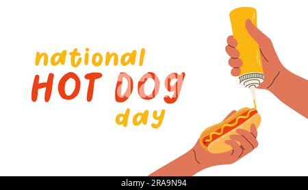 Nationales Hot-Dog-Day-Vektorbanner mit handgehaltenem Hot Dog. Hot Dog isoliert auf weiß Stock Vektor