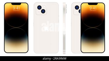 Apple iPhone 14. Smartphone. In Weiß erhältlich. Das neue iPhone 14 pro max iphone mit Mockup-Bildschirm und iphone auf der Rückseite. Von Apple Inc Editorial Stock Vektor