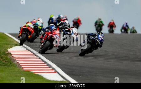 Allgemeine Ansicht während des World SBK Superpole Race am dritten Tag der FIM Superbike World Championship 2023 in Donington Park, Derby. Foto: Sonntag, 2. Juli 2023. Stockfoto