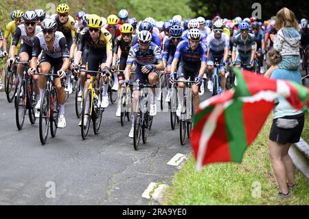 San Sebastian, Spanien. 02. Juli 2023. Das Reiterpaket, das während der zweiten Etappe des Radrennens Tour de France in Aktion gezeigt wurde, einem 208 km langen 9-km-Rennen von Vitoria-Gasteiz nach San Sebastian, Spanien, Sonntag, den 02. Juli 2023. Die diesjährige Tour de France findet vom 01. Bis 23. Juli 2023 statt. BELGA PHOTO DIRK WAEM Credit: Belga News Agency/Alamy Live News Stockfoto