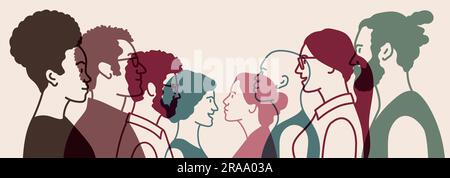 Silhouette Kopf im Profil. Viele junge Leute. Gesellschaft oder Bevölkerung, soziale Vielfalt. Handgezeichnete Vektordarstellung. Stock Vektor