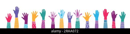 Erhobene Hände. Teamarbeit, Zusammenarbeit, Abstimmung, ehrenamtliches Konzert. Vektordarstellung. Stock Vektor