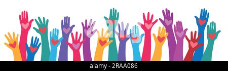 Menschliche Hände hoch mit roten Herzen. Wohltätigkeits-, Freiwilligentäts- und Spendenkonzept. Abbildung eines flachen Vektors. Stock Vektor