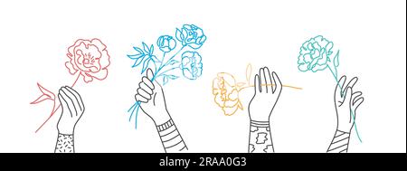 Menschliche Hände, die Blumensträuße halten. Blumenset. Handgezeichnete Vektordarstellung. Stock Vektor
