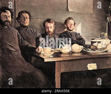 TOLSTOIS ältester Sohn, Graf Tolstoi (rechts), in seinem Hauptquartier, mit Berger seinem Helfer, dem Starosta und Birukoff. Datum: Ca. 1893 Stockfoto