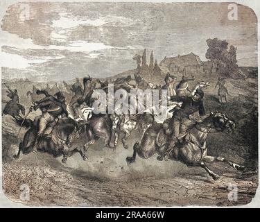 Graf FERDINAND VON ZEPPELIN (1838-1917) hat 1870 während einer Aufklärungsmission hinter feindlichen Linien im französisch-preußischen Krieg eine enge Flucht. Datum: 1870 Stockfoto