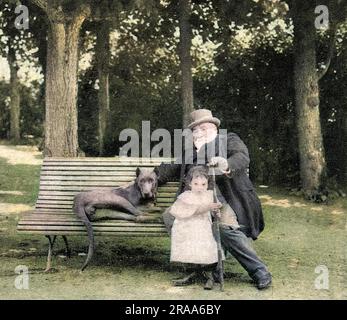 FRANCISQUE SARCEY (1827 - 1899), französischer Kritiker mit Enkelkind (nehme ich an) und Hund, auf einer Gartenbank. Datum: 1895 Stockfoto