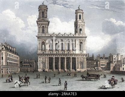 Die Kirche Saint Sulpice - die zweitgrößte in Paris - ist der Ort, an dem Victor Hugo geheiratet und Baudelaire und der marquis de Sade getauft wurden. Datum: Ca. 1830 Stockfoto