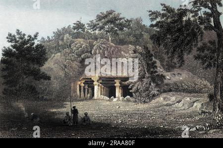 Eintritt zu den Felshöhlen auf Elephanta Island, in der Nähe von Mumbai. (Auch bekannt als Gharapuri) Datum: 1834 Stockfoto