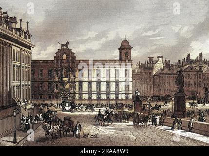 Die südöstliche Ecke des Platzes vor dem Abriss des Northumberland House im Jahr 1876, der den Bau der Northumberland Avenue ermöglichen wird, die zum Fluss führt. Datum: Ca. 1870 Stockfoto