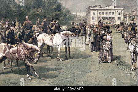 Mit dem Titel „Warten auf die Prinzessin“, die Mitglieder von Londons „Souveränität“ in Rotten Row, Hyde Park, London zeigt. Diese Leute werden in formeller viktorianischer Kleidung gezeigt und warten darauf, dass ein Mitglied der königlichen Familie in ihrer Kutsche vorbeikommt. Datum: 1887 Stockfoto