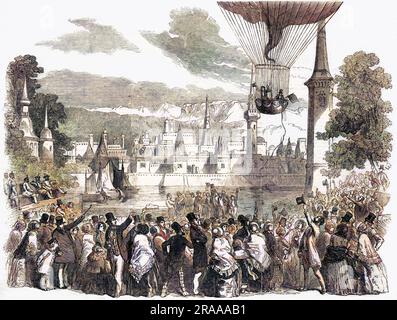 Flug im Nassau-Heißluftballon bei Vauxhall Gardens, London. Datum: Juni 1850 Stockfoto