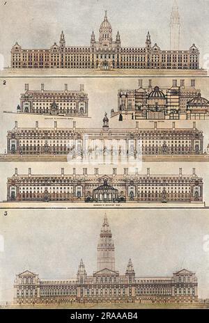 Drei Designs nahmen 1908 an dem Wettbewerb Teil, um die London County Council Hall zu entwerfen. Das zentrale Bild ist das Design von Ralph Knott, der den Wettbewerb gewann und in der Nähe der Westminster Bridge gebaut wurde. Das Design oben (Nr. 1) stammt von Warwick und Hall. Das Muster unten (Nr. 3) von A. Marshall Mackenzie. Datum: 1908 Stockfoto