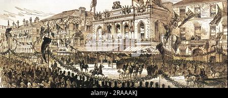 Der Besuch des Prinzen und der Prinzessin von Wales (später König Edward VII und Königin Alexandra von Großbritannien) in Irland im Jahr 1885. Eine Szene mit einer Belfast-Straße, mit Ulster Hall und anderen Gebäuden. Datum: 1885 Stockfoto