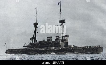 Lord Nelson, ein Schlachtschiff der Royal Navy Lord Nelson-Klasse, wurde 1906 ins Leben gerufen. Im Ersten Weltkrieg nahm sie an der Dardanelles-Kampagne Teil. Als sie den Krieg überlebte, wurde sie 1920 zum Verschrotten verkauft Datum: 1914 Stockfoto