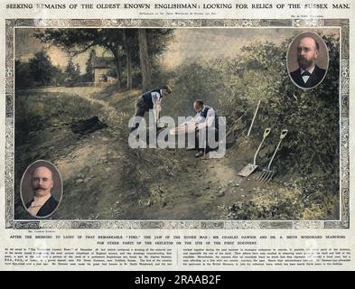 Auf der Suche nach Überresten des ältesten bekannten Engländers: Auf der Suche nach Relikten des Piltdown man. Charles Dawson und A. Smith-Woodward auf der Suche nach anderen Teilen des Skeletts am Ort der ersten Entdeckung in Piltdown, East Sussex. 1953 erwies sich der Fund als Schwindel, eine Kombination aus dem Schädel eines mittelalterlichen Mannes, dem Kiefer eines Orang-Utan und Schimpansenzähnen. Datum: 1913 Stockfoto