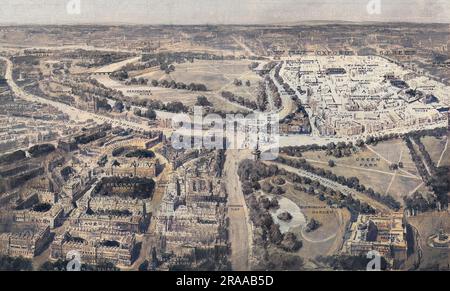 Ein Luftblick auf die beiden angesehenen sozialen Gegenden von London - Mayfair und Belgravia. Im Vordergrund steht Belgravia mit seiner östlichen Grenze, die vom Grosvenor Place hinunter verläuft und vor der Mauer des Gartens des Buckingham Palastes liegt. Seine westliche Grenze ist die Sloane Street. Einige der Hauptwohnsitze werden gezeigt, darunter die Häuser der Herzöge von Richmond & Gordon, Bedford und des Earl of Albermarle im Bereich Belgrave Square. Die Grenzen von Mayfair sind definiert als Park Lane im Westen und Piccadillly im Süden und die Karte zeigt einige der berühmten Villen der Gegend in Stockfoto