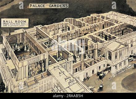 Ein abgeschnittenes Diagramm des Buckingham Palace, das zeigt, wo 1922 der erste Hof der Londoner Saison war. Der Eingang für die Teilnehmer am Court war über den West Portico Eingang und der Court selbst wurde in dem großen Ballsaal auf der linken Seite des Diagramms abgehalten. Datum: 1922 Stockfoto