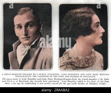 David George Brownlow Cecil, 6. Marquess of Exeter (1905-1981), Lord Burghley, Athlet, Sportler und konservativer Parteipolitiker, dargestellt bei seiner Verlobung mit Lady Mary Montagu-Douglas-Scott (1904-1984). Burghley gewann bei den Olympischen Spielen 1928 in Amsterdam eine Goldmedaille bei den 400 Meter langen Hürden. Als Sportler war Burghley ein sehr begeisterter Praktiker, der Streichholzschachteln auf Hürden platzierte und übte, die Streichholzschachteln mit seinem Bleifuß umzustoßen, ohne die Hürde zu berühren. Im Jahr 1927, seinem letzten Jahr am Magdalene College in Cambridge, verblüffte er seine Kollegen, indem er durch die Great Co sprang Stockfoto