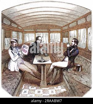 Das Innere eines Rauchersalons an der Eastern Counties Railway. Die Sofas auf beiden Seiten waren aus blauem marokko und der Mitteltisch aus poliertem Mahagoni. Datum: 1846 Stockfoto