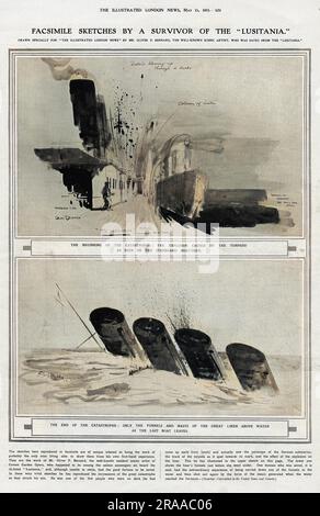 Eine Seite aus den illustrierten London News mit zwei Skizzen einer Reihe von fünf von Oliver Bernard, einem malerischen Künstler an der Covent Garden Opera, der an Bord der Lusitania war und überlebte, als sie von einem Torpedo getroffen und versenkt wurde, der von einem deutschen U-Boot abgefeuert wurde Datum: 07. Mai 15 Stockfoto