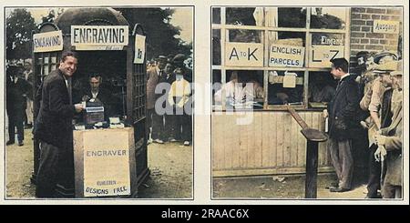 Zwischenfälle im zivilen Internierungslager Ruhleben, die den Kiosk eines Graveurs und das Büro für die Verteilung der sehnsüchtig erwarteten Pakete aus England zeigen. Das Ruhleben-Camp liegt etwa 10km km westlich von Berlin und war ursprünglich eine Rennbahn. Es wurde während des Ersten Weltkriegs umgebaut und beherbergte etwa 5000 Zivilisten (hauptsächlich Briten), die sich bei Kriegsausbruch in Deutschland befanden, sowie gefangene Besatzungen von Fischtrawlern und anderen zivilen Schiffen. Die deutschen Behörden haben sich an die Genfer Konvention gehalten, und die Häftlinge im Lager durften ihre eigene Asche verwalten Stockfoto