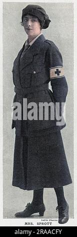 Mrs. Sprott, Tochter von Sir George und Lady Berry von Drumsheugh Gardens, Edinburgh, in ihrer Uniform als Fahrer von Rotkreuz-Krankenwagen in Frankreich dargestellt. Ihr Mann war in den Cameron Highlanders und ihr Vater, Major im Royal Army Medical Corps, war Ehrenärztin für Chirurgie von König George V. Datum: 1917 Stockfoto