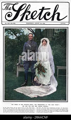 Die Hochzeit von Mr. William Adrian Vincent Bethell mit der Ehrenfrau Clarissa Tennant am 19. August 1915, die auf dem Titelblatt des Magazins Sketch zu sehen ist. Die Braut trug ein Kleid aus weißem Brokat mit einer zarten Stickerei aus Silberfäden auf dem Tüllennetz der Ärmel und des Halses und einen Zug aus mit Hering besetztem Silbergewebe. Der Bräutigam trug "das einzige Kleidungsstück", mit anderen Worten, Khaki, wie er bei den 2. Rettungsschwimmern war. Datum: 1915 Stockfoto