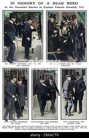 Eine Gedenkfeier in St. Peter's Church, Eaton Square für Captain Francis Grenfell, V.C., und sein Zwillingsbruder Captain Riversdale („Rivy“ oder „Rivvy“) Grenfell, V.C., Zwillinge in einer Familie von fünfzehn Kindern, die beide während des Ersten Weltkriegs in den 9. Lancers ausgezeichnet dienten, waren talentierte Polo-Spieler und in der Gesellschaft bekannt. Francis war der erste Offizier des Krieges und erhielt ihn für seine Tapferkeit im Kampf gegen die ungebrochene Infanterie in Andregnies, Belgien, am 24. August 1914 und für sein galantes Verhalten bei der Rettung der Waffen der 119. Battery, Royal Field Artillery, Near Stockfoto