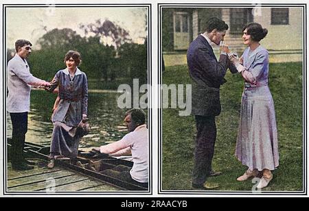 Schauspielerin Lily Elsie (Frau Ian Bullough), abgebildet in St. Dunstans Jugendherberge für blinde Soldaten im Regents Park 1917. Auf dem linken Bild bereitet sie sich darauf vor, als cox mit einer blinden Rudercrew über Wasser zu gehen, und auf der rechten Seite gibt sie einem der Männer Licht. Datum: 1917 Stockfoto