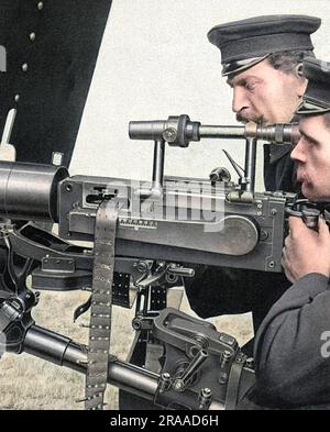 Ein neuer deutscher Maschinengewehrtyp aus den Monaten vor Ausbruch des Ersten Weltkriegs 1914. Es hat ein Teleskopvisier. Datum: 1914 Stockfoto