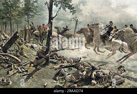 Der Vorwurf der französischen Leichtkavallerie gegen die Deutschen auf der Straße nach Lassigny (ein Dorf zwischen Montvidier und Noyon in Frankreich) während des Ersten Weltkriegs. Datum: 1914 Stockfoto