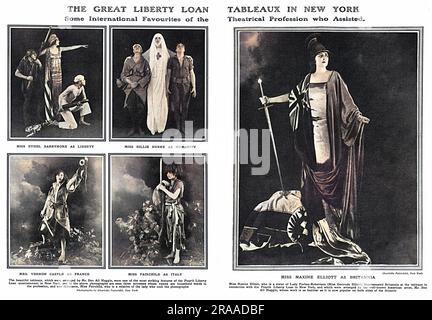 Die Great Liberty Loan Tableaux, inszeniert in New York, zeigte eine Reihe bekannter Schauspielerinnen, darunter Ethel Barrymore als Liberty, Billie Burke als Menschlichkeit und Irene Castle als Frankreich sowie Maxine Elliott als Britannia. Die Tafel wurde vom amerikanischen Künstler Ben Ali Haggin arrangiert. Datum: 1918 Stockfoto