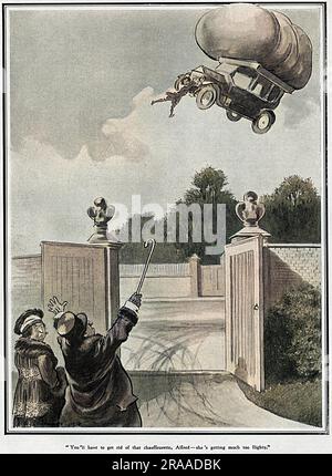 Du musst die Chauffeurette loswerden, Alfred. Sie wird viel zu leichtfertig. Cartoon über die doppelte Neuheit von gasbetriebenen Autos und weiblichen Chauffeuren während des Ersten Weltkriegs. Datum: 1918 Stockfoto