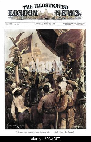 Glücklich und glorreich, lang zu regieren, Gott schütze die Königin! Königin Victorias Untertanen zu Hause und in den Kolonien feiern ihr Diamantenjubiläum 1897 in dieser idealistischen Illustration. Datum: 1897 Stockfoto