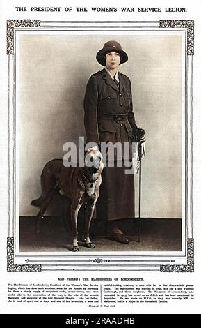 Lady Londonderry, früher Honor Edith Chaplin, wurde 1918 als Präsidentin der Women's war Services Legion (früher bekannt als die Women's Legion), die Militärkochen und Autofahrer für das Kriegsministerium bereitstellte, abgebildet. Sie erhielt den Orden der Dame des Britischen Reiches für ihre Arbeit während des Krieges. Der Sketch berichtet, dass sie den Sport und Hunde liebt, und eines ihrer Lieblingsfiguren, eine Weise und treu aussehende Kreatur, wird mit ihr auf diesem charakteristischen Foto gesehen. Sie heiratete 1899 den Marquess und hatte einen Sohn, Viscount Castlereagh, und drei Töchter. Datum: 19 Stockfoto