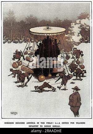 Erfindungen Aus Dem Krieg – Jetzt Nicht Mehr Nötig! William Heath Robinson stellt sich Amerika vor! 1. Ein Gerät zur Ausbildung der Infanterie, um Muscheln auszuweichen. Datum: 1918 Stockfoto