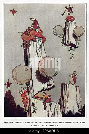 Erfindungen Aus Dem Krieg – Jetzt Nicht Mehr Nötig! William Heath Robinson stellt sich Amerika im Feld vor 3. Feindliche Beobachtungsposten wurden entfernt. Datum: 1918 Stockfoto