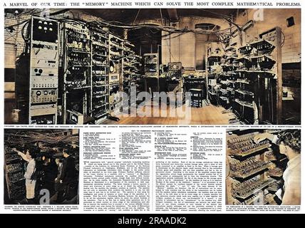 Eine Doppelseite aus den illustrierten London News, 1949, berichtet über die automatische sequenzgesteuerte Rechenmaschine an der Manchester University. Die Maschine enthält 1.300 Ventile, 8 Kathodenstrahlröhren und Tausende von Widerständen und Kondensatoren sowie ein einzigartiges Speichersystem. Datum: 1949 Stockfoto