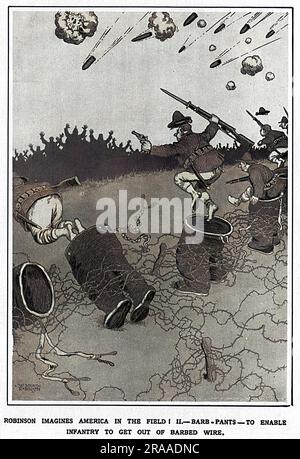 Erfindungen Aus Dem Krieg – Jetzt Nicht Mehr Nötig! William Heath Robinson stellt sich Amerika vor! 2. Barb-Hosen, damit die Infanterie aus Stacheldraht herauskommen kann. Datum: 1918 Stockfoto