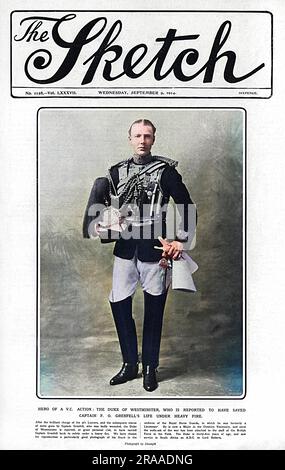 Titelseite des Sketch Magazins mit Major Hugh Arthur Grosvenor, 2. Duke of Westminster (1879 - 1953), bekannt als Bendor (oder Bend'Or, nach dem siegreichen Rennpferd seines Vaters). Er hatte damals bei der Rettung von Captain Francis Grenfell geholfen, während dessen VC-Aktion auf Anhieb der 9. Lancers in Elouge. Datum: 1914 Stockfoto