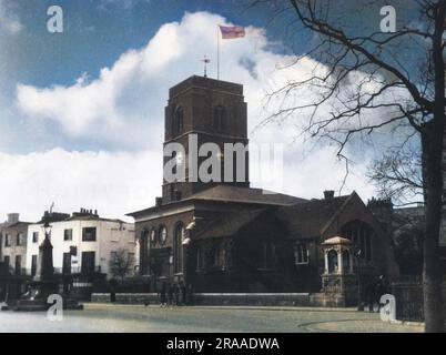 Chelsea Old Church, Cheyne Walk, London, das während des Zweiten Weltkriegs fast zerstört wurde. Der größte Teil der Kirche ist aus dem späten 17. Jahrhundert, der älteste Teil des 12. Jahrhunderts. Datum: Ende des 17. Jahrhunderts Stockfoto