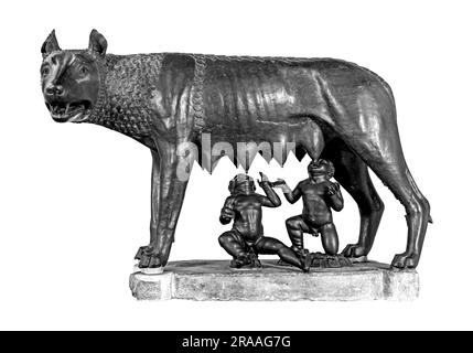 Kapitolinische Wölfin oder Lupa Capitolina, eine Bronzefigur, die Romulus und Remus, die mythischen Gründer der Stadt Rom in Italien, in Schwarz und Weiß zeigt Stockfoto