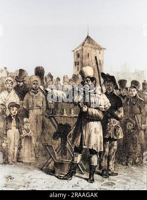 Ein dünner Zylinder mit französischem Straßenzauber zeigt einem begierigen Publikum eine Spielkarte. Datum: Ca. 1820 Stockfoto